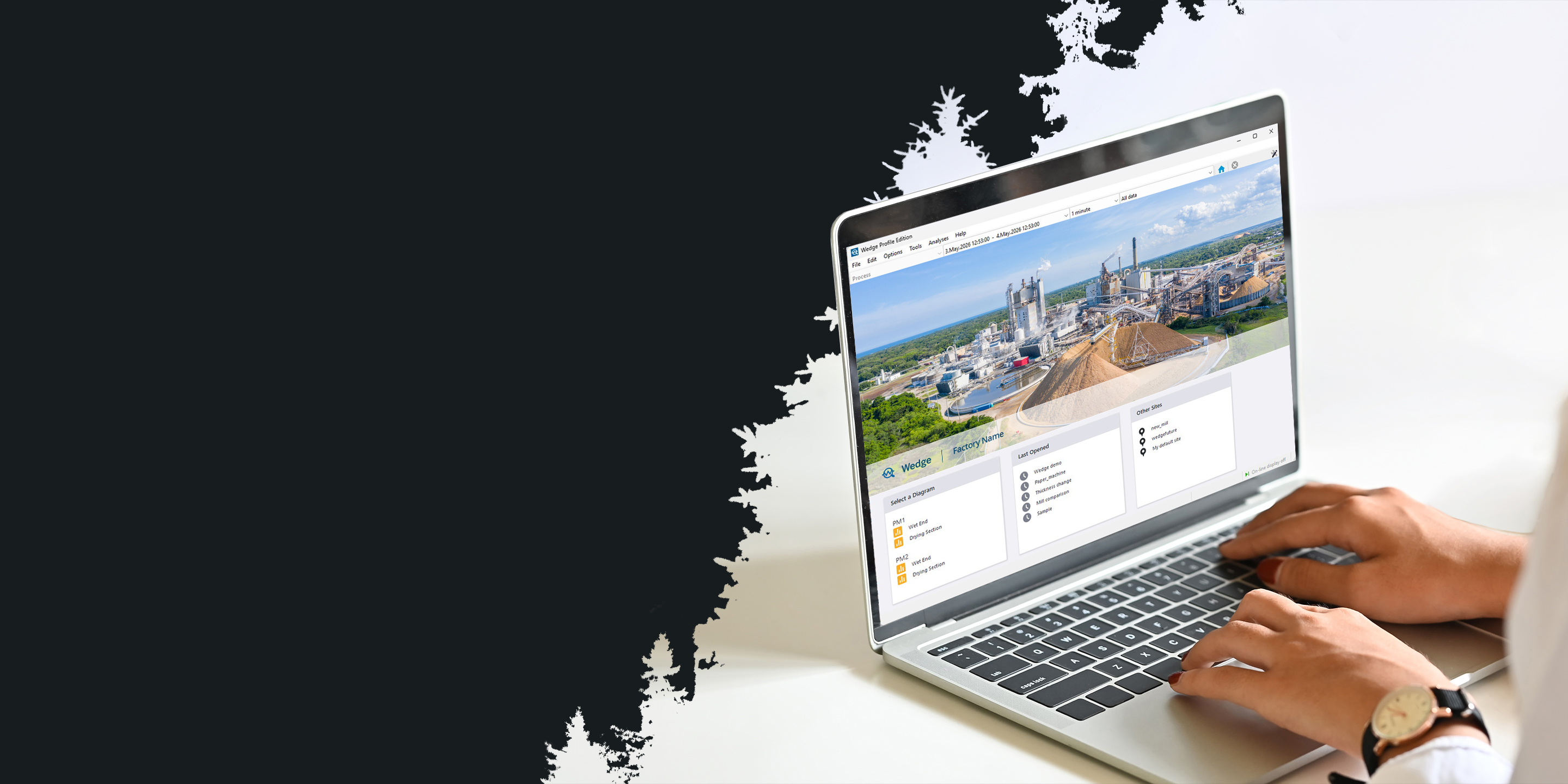 Eine Person in einem weißen Hemd benutzt einen Laptop, auf dem eine farbenfrohe Webseite mit Stadtansichten zu sehen ist. Die Atmosphäre ist hell und minimalistisch.
