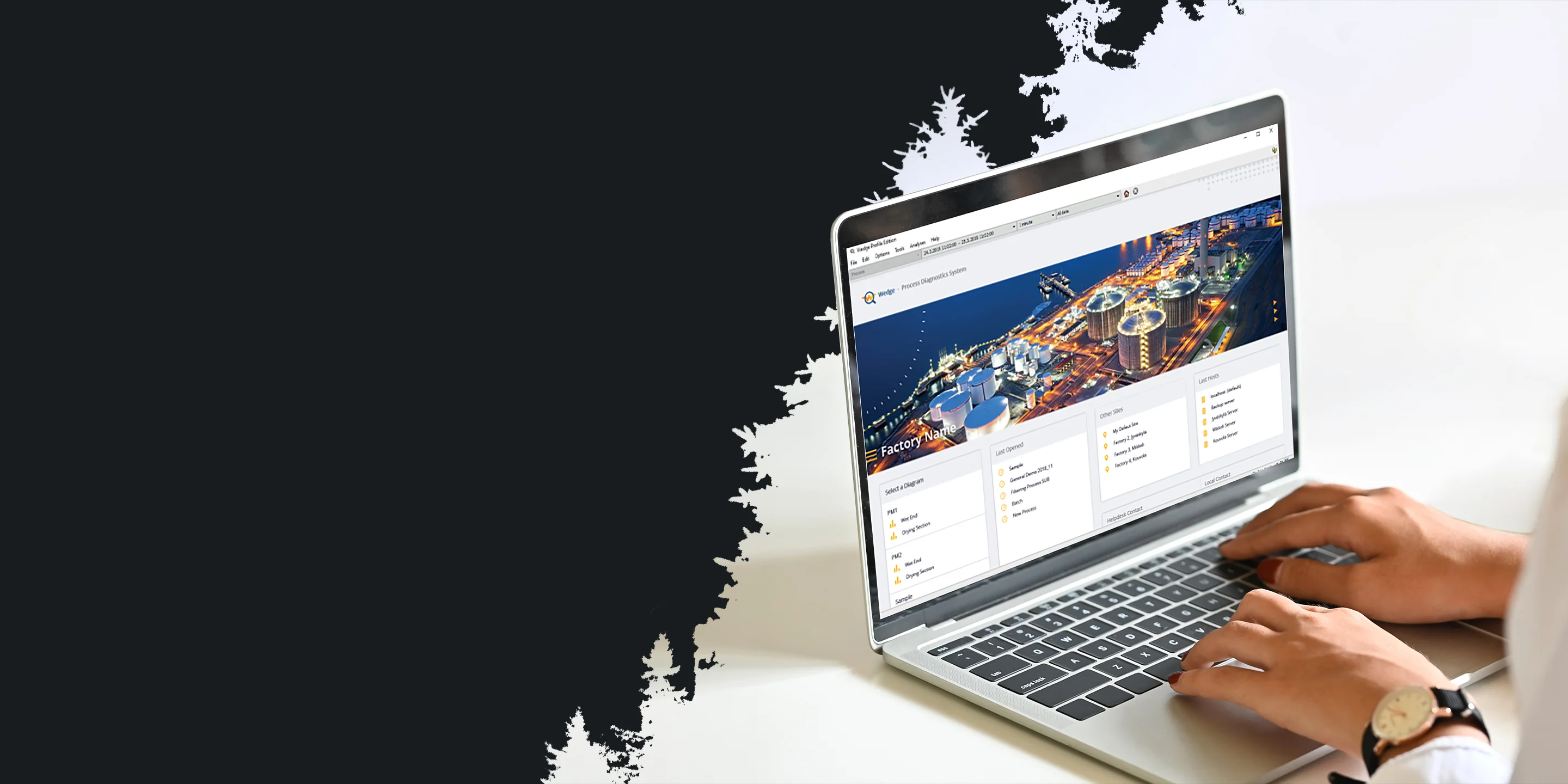 A person in a white shirt uses a laptop showing a colorful web page with cityscape graphics. The setting is bright and minimalistic.