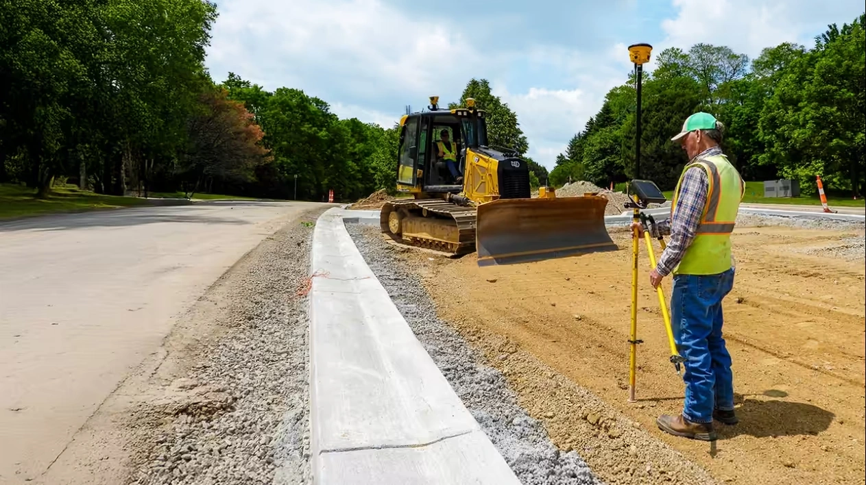 A surveyor uses high-tech equipment near a bulldozer grading a new road section with freshly laid curb.
