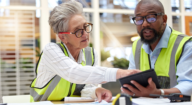 A woman and a man in safety vests collaborate over a Trimble rugged tablet at a desk with construction plans and tools.