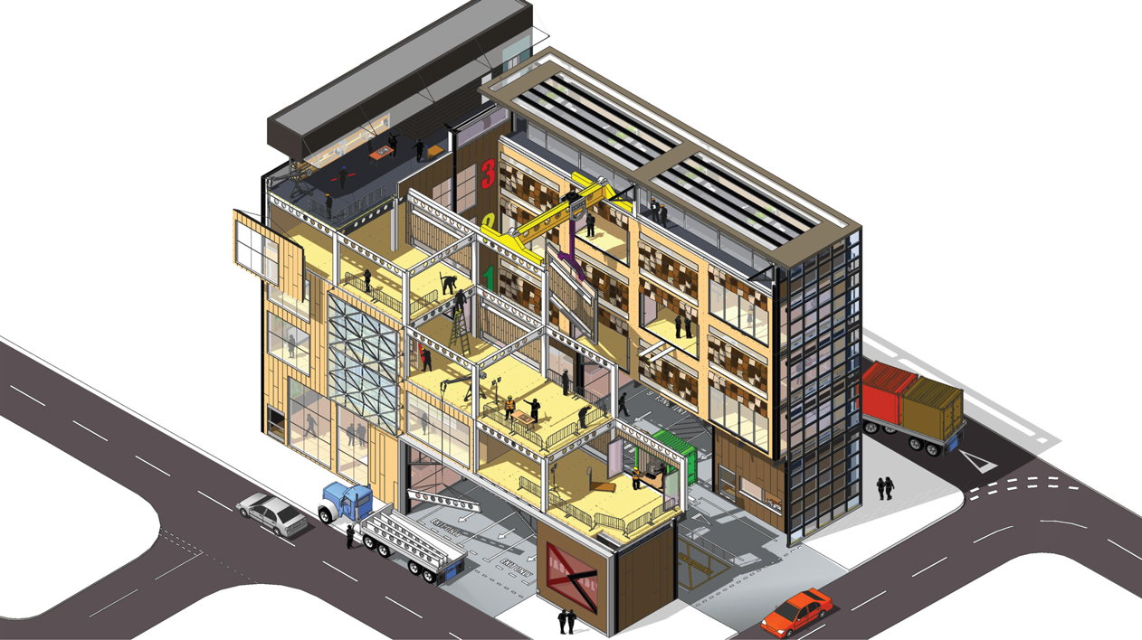 Isometric 3D cutaway of a multi-story industrial building showing interior steel framing, workers, and a yellow overhead crane.