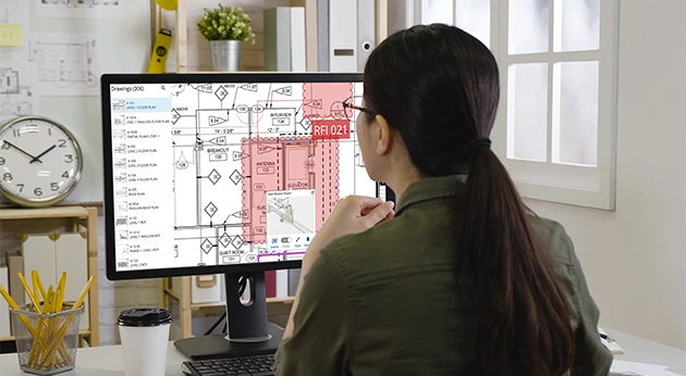 A woman reviews architectural floor plans and an RFI markup on a computer monitor using Trimble ProjectSight construction management software.