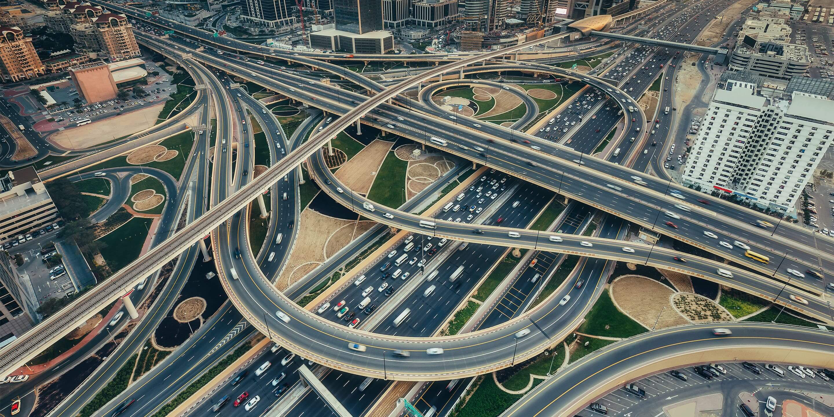 Aerial view of a highway intersection in Dubai, UAE