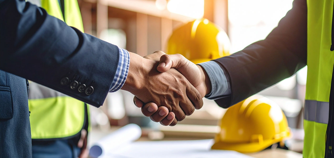 A construction worker shaking hands with a corporate executive on a jobsite