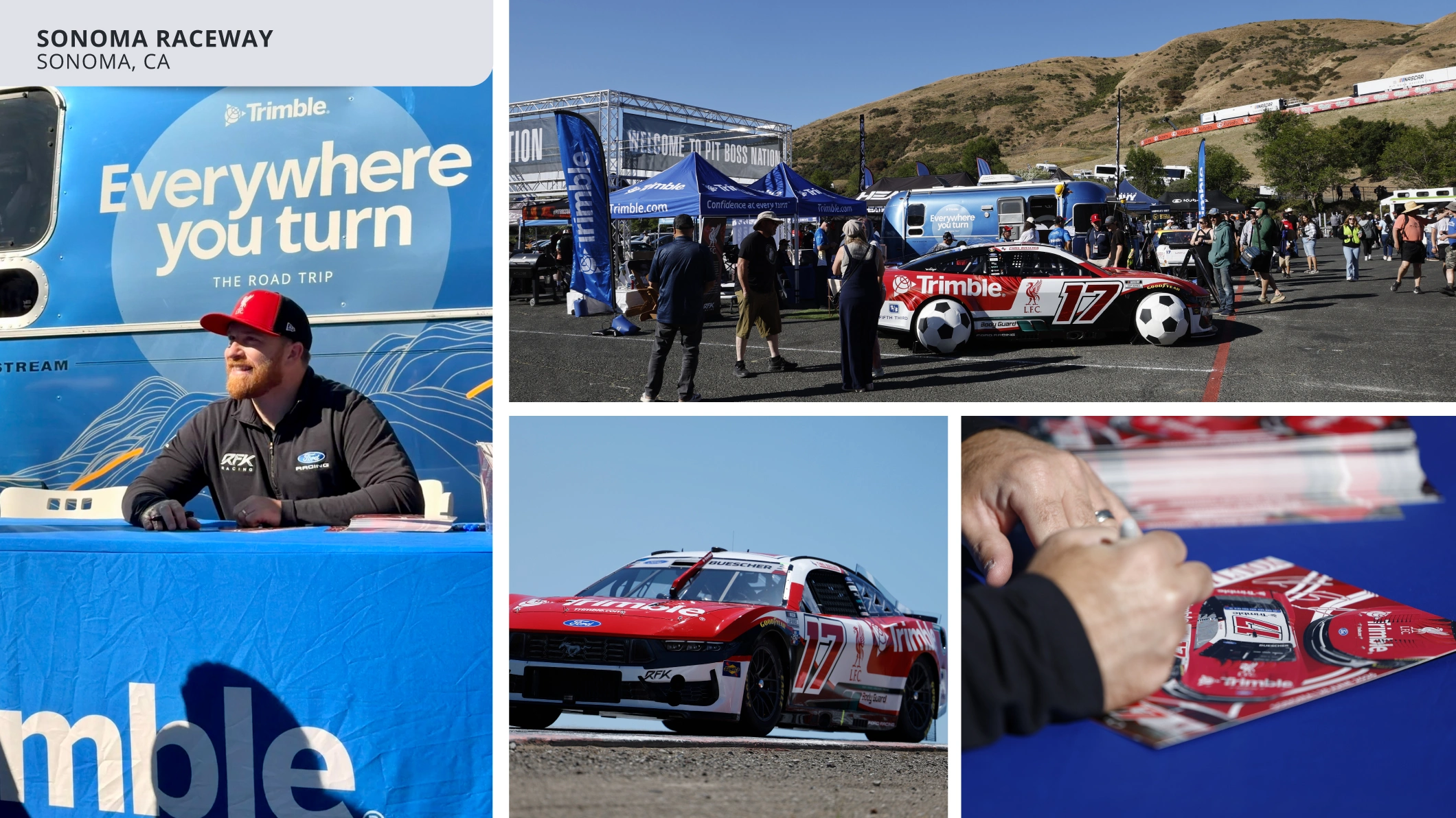 Four-panel collage at Sonoma Raceway featuring the Trimble-sponsored No. 17 race car, an outdoor event booth, and driver Chris Buescher signing autographs.