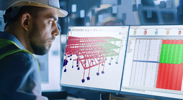 Engineer in a hard hat reviews a 3D model in Tekla Structures and project status in Trimble Connect on dual monitors.