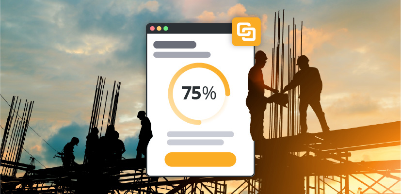 Silhouettes of construction workers against a sunset, overlaid with an abstract software window with Trimble Unity Construct logo showing a 75% completion progress circle.