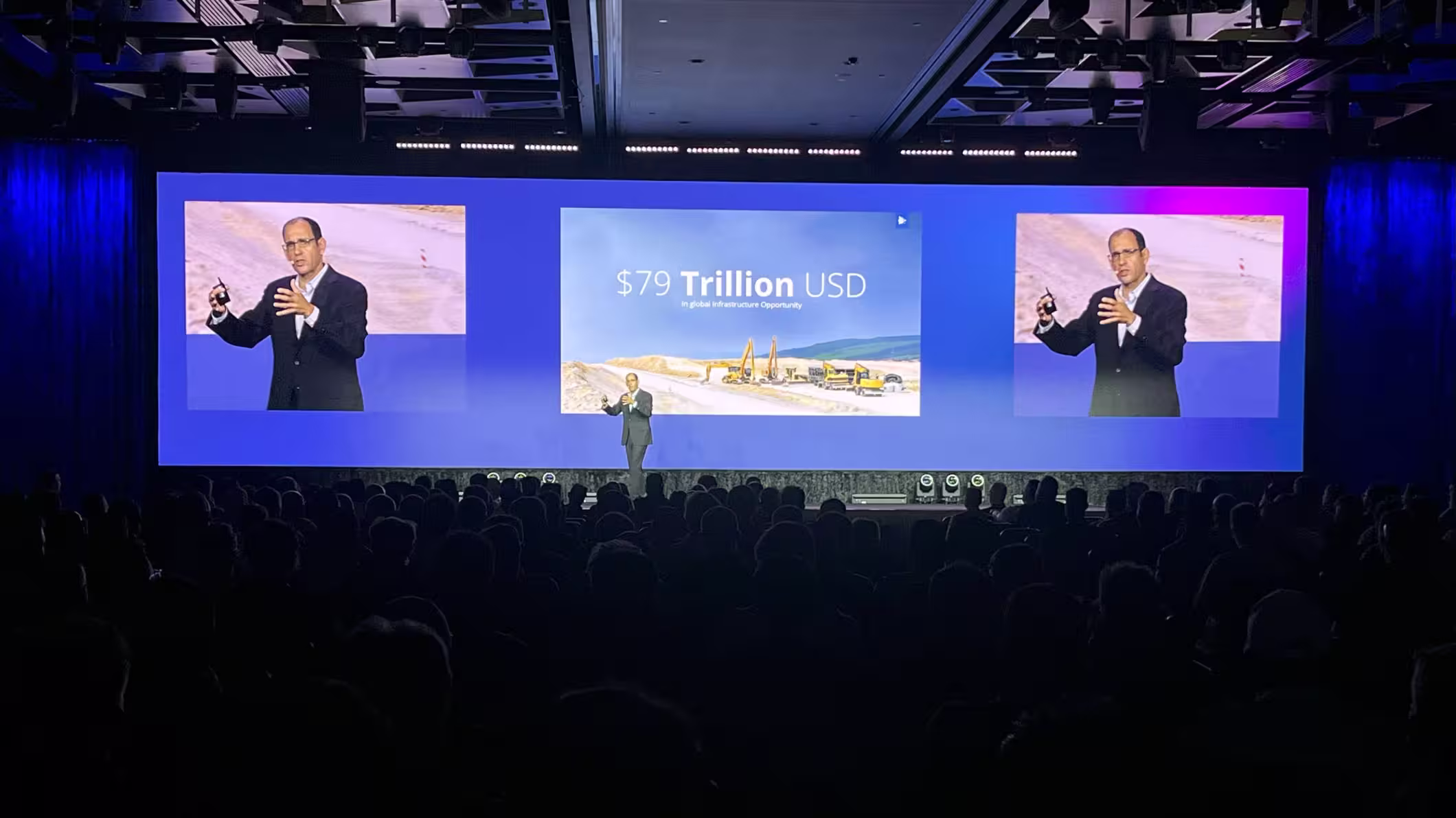 Trimble CEO Rob Painter presents a $79 trillion global infrastructure opportunity at the Trimble Dimensions keynote session in Las Vegas.