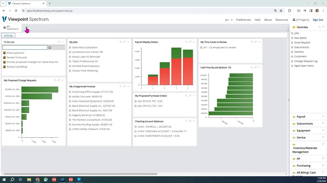 A screenshot of the Viewpoint Spectrum dashboard, a Trimble construction ERP, displaying project management and financial data widgets.