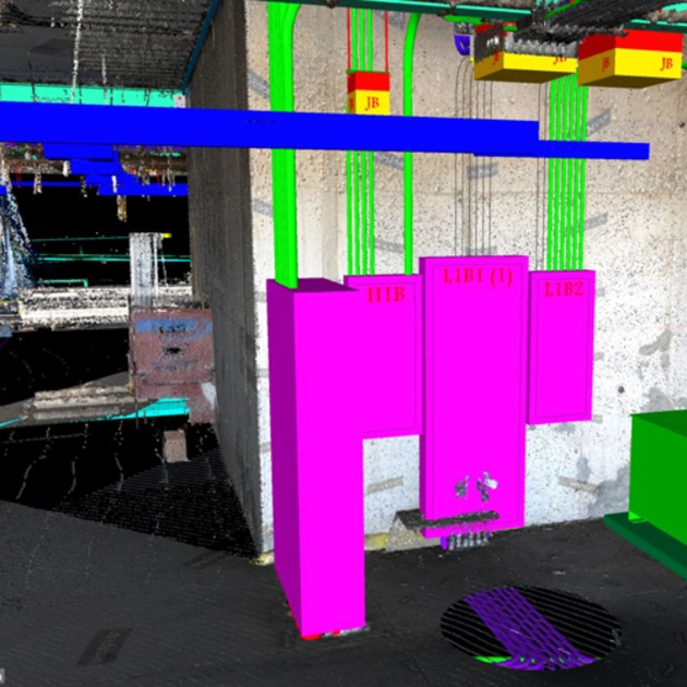 A 3D model of industrial electrical equipment and conduits overlaid on a point cloud scan, visualized in Trimble software.