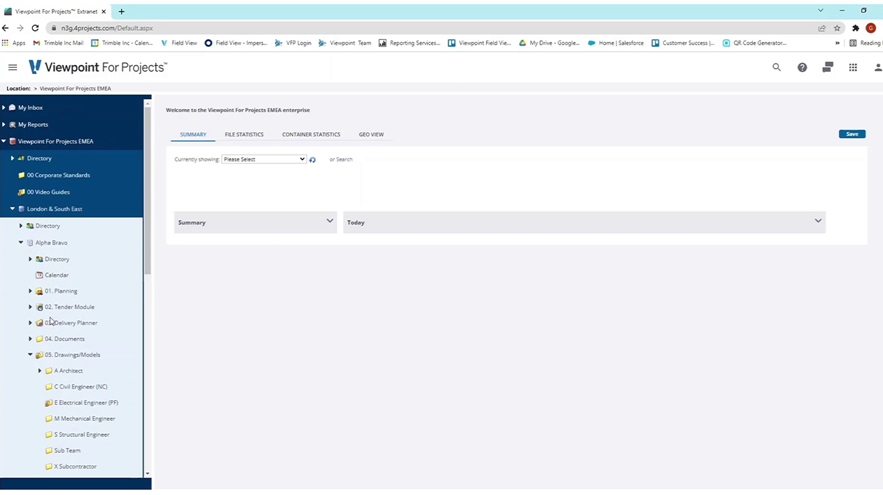 Viewpoint For Projects construction management software dashboard showing project directory and document folders.