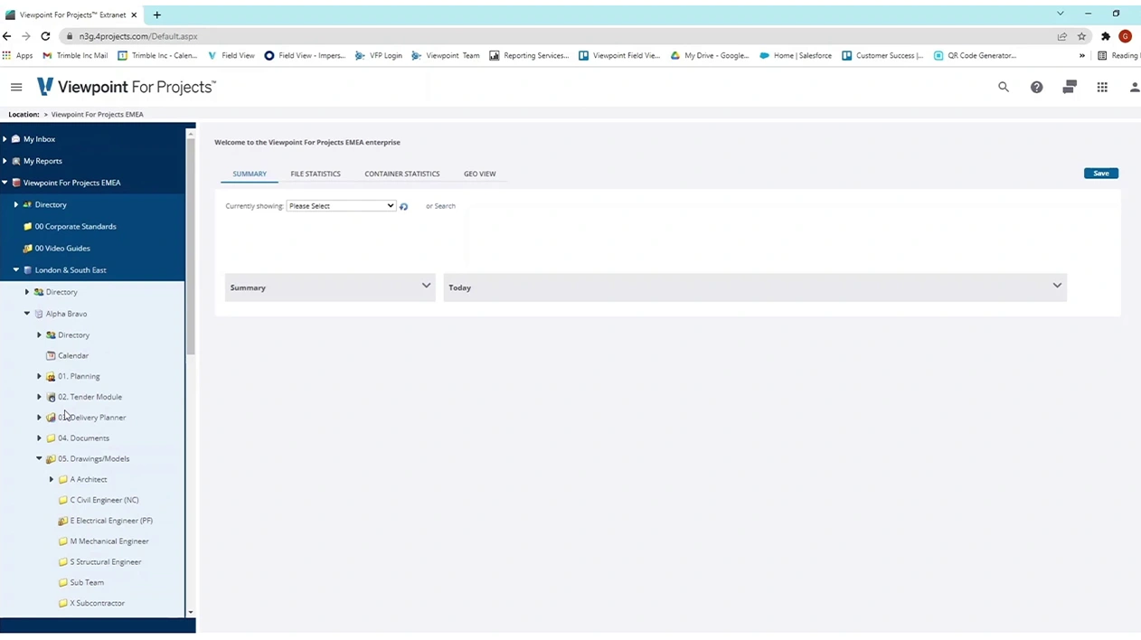 Viewpoint For Projects construction management software dashboard showing project directory and document folders.