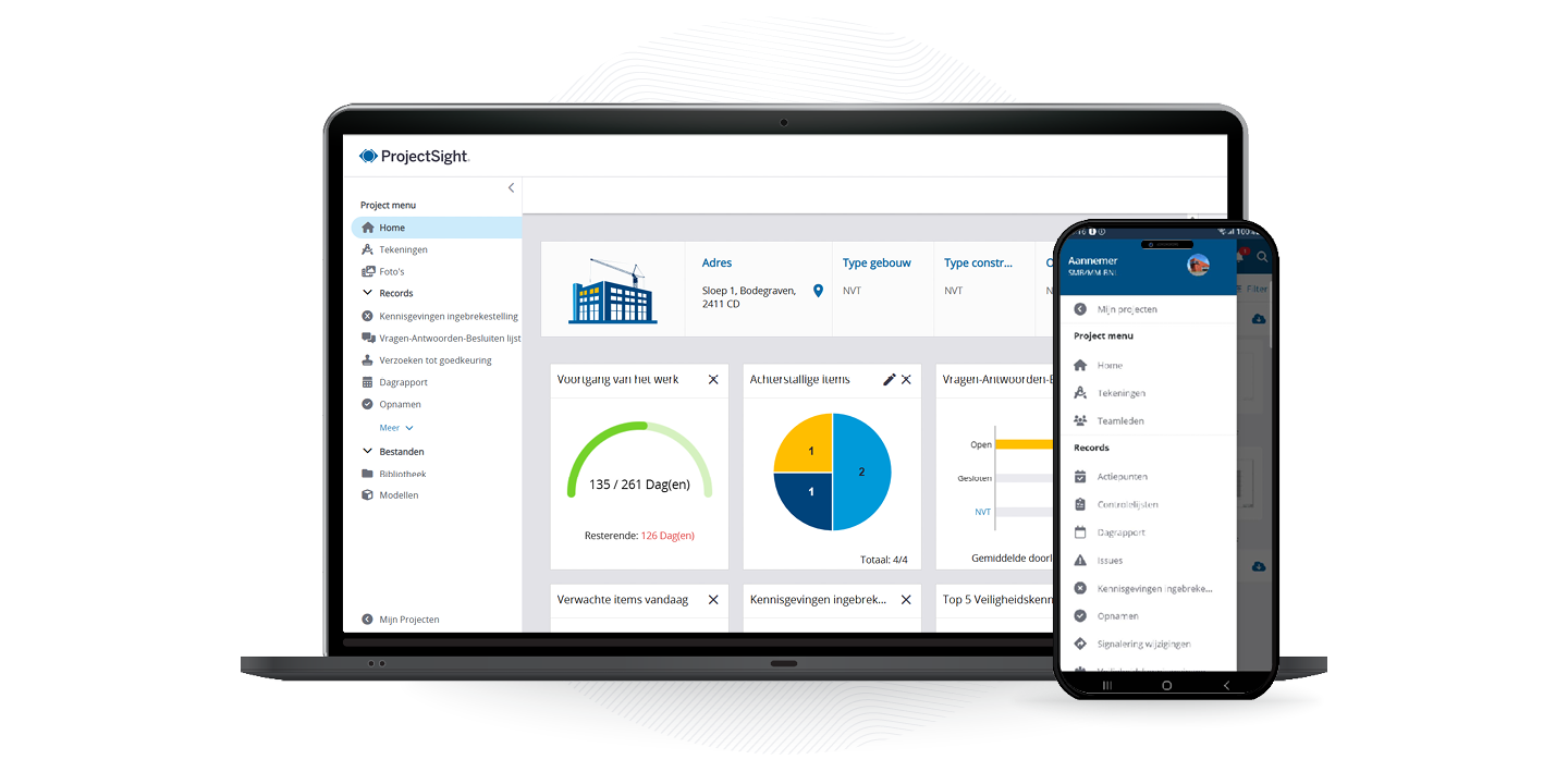 ProjectSight platform displayed in Dutch on mobile and desktop