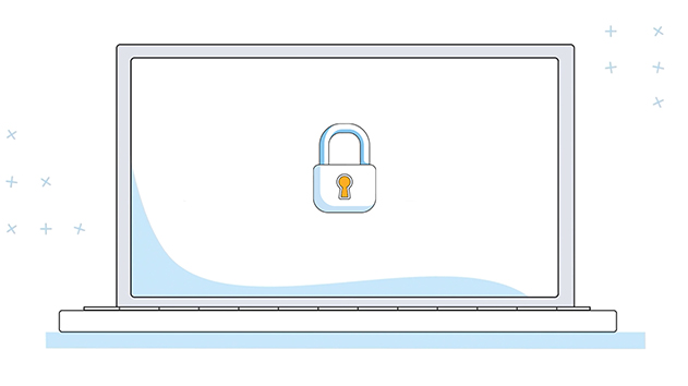 A simple line-art illustration shows a laptop with a padlock icon on the screen, representing data security.