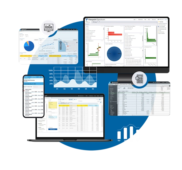 Trimble Viewpoint Spectrum construction ERP software interfaces featuring project dashboards, data charts, and a mobile labor tracking app.