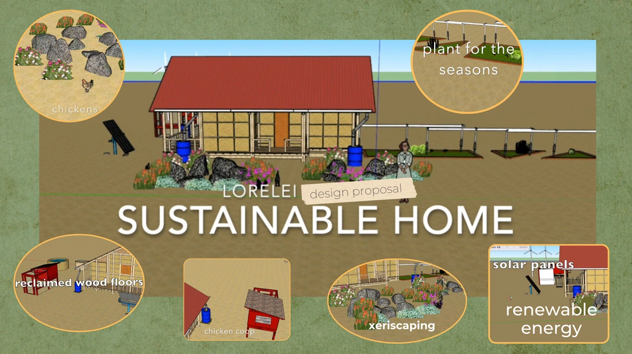 Trimble SketchUp architectural rendering of a sustainable home with landscaping elements