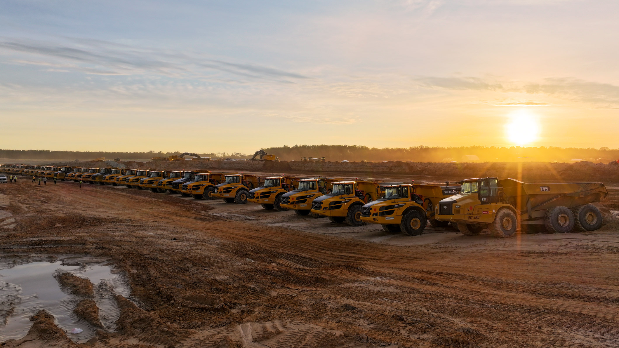 Landmark Construction’s heavy equipment fleet lined up at the site of one of the largest electric vehicle manufacturing plants in the United States.