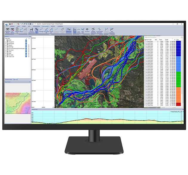 A desktop monitor displays Trimble Quantm software
