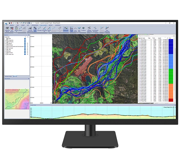A desktop monitor displays Trimble Quantm software