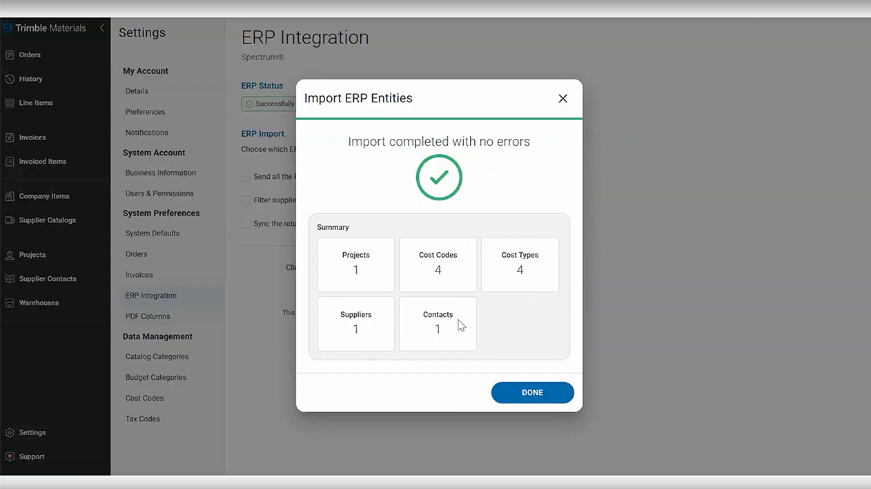 Trimble Materials ERP integration screenshot on desktop