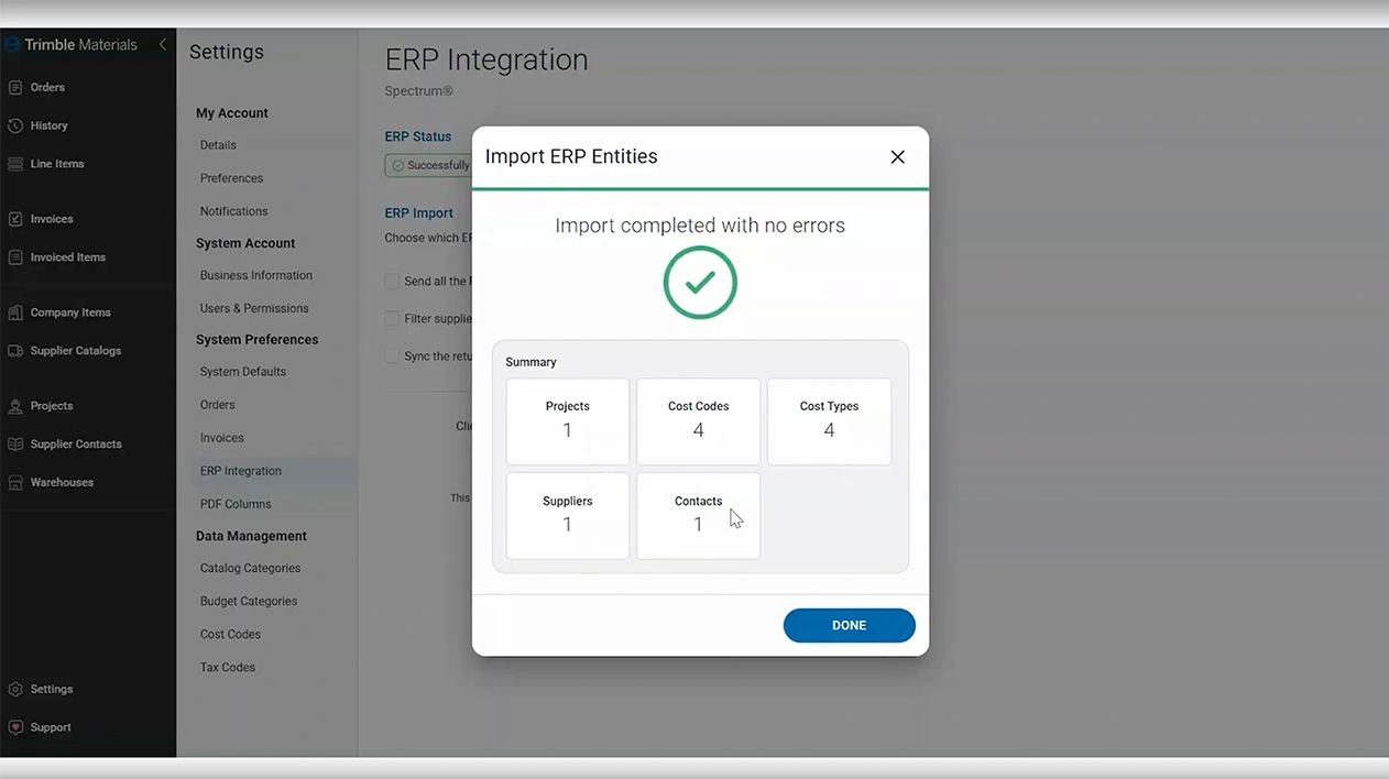 Trimble Materials ERP integration screenshot on desktop