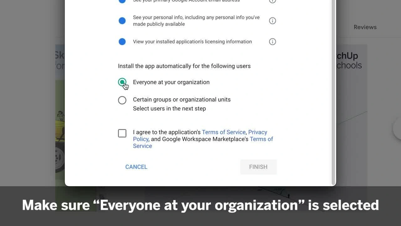 A Google Workspace Marketplace installation window for Trimble's SketchUp for Schools, with "Everyone at your organization" selected.