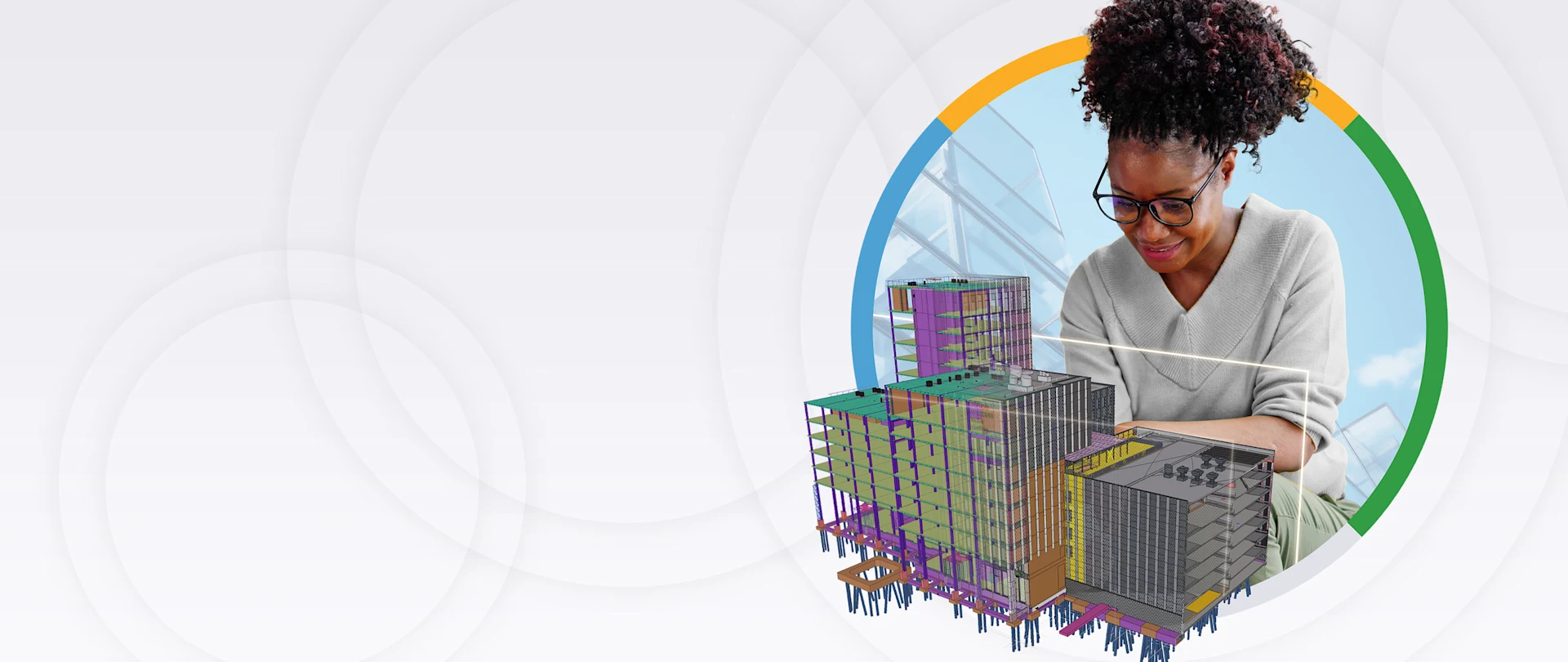 A professional woman examines a colorful Trimble 3D BIM building model, framed in a circular design on a modern white background.