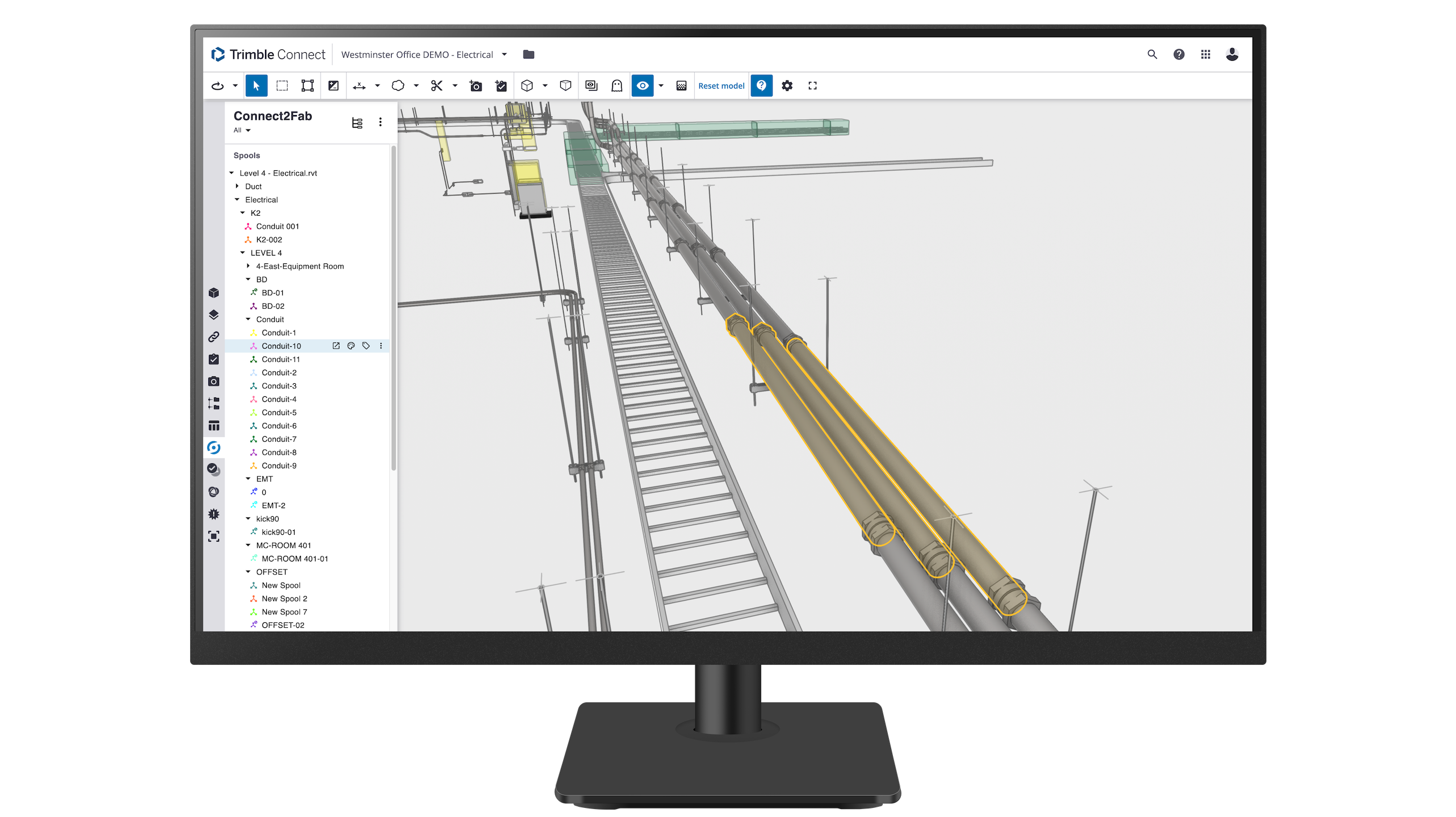 A computer monitor displays the Trimble Connect software with the Connect2Fab extension, featuring a 3D model of electrical conduits.
