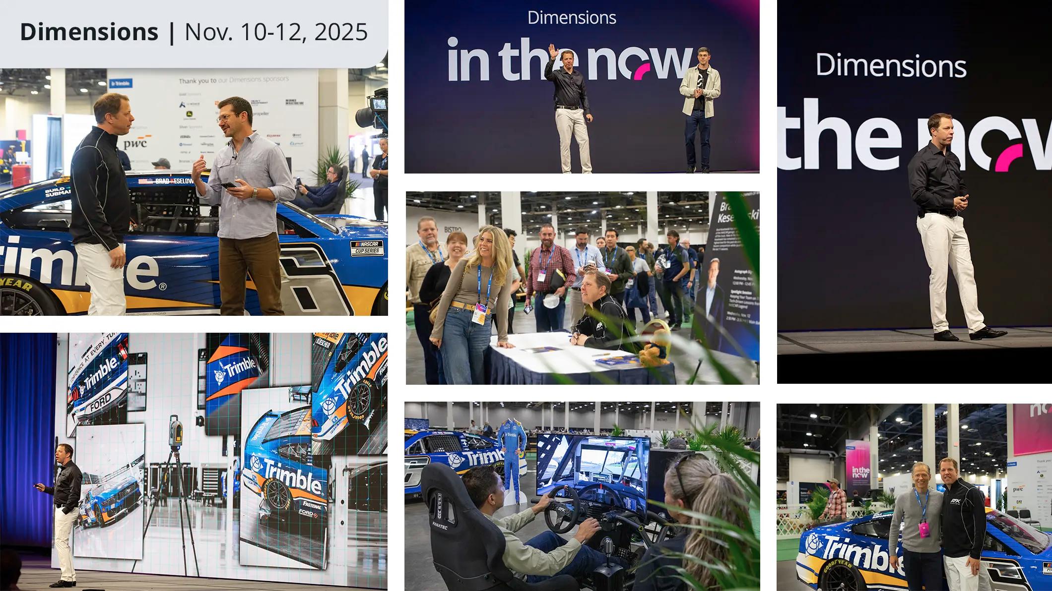 Collage of images from the Dimensions 2025 conference: keynotes, attendees at a signing and an RFK Racing car display with a driving simulator.