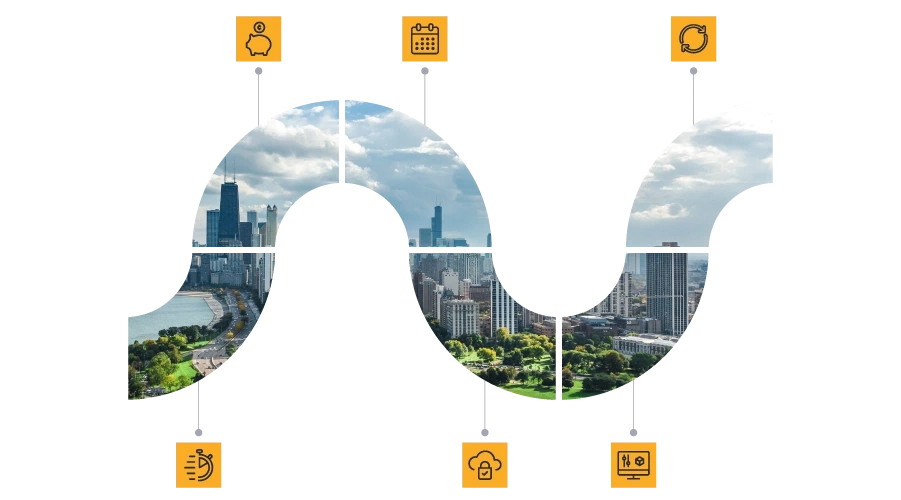 SaaS funnel of Chicago skyline with icons