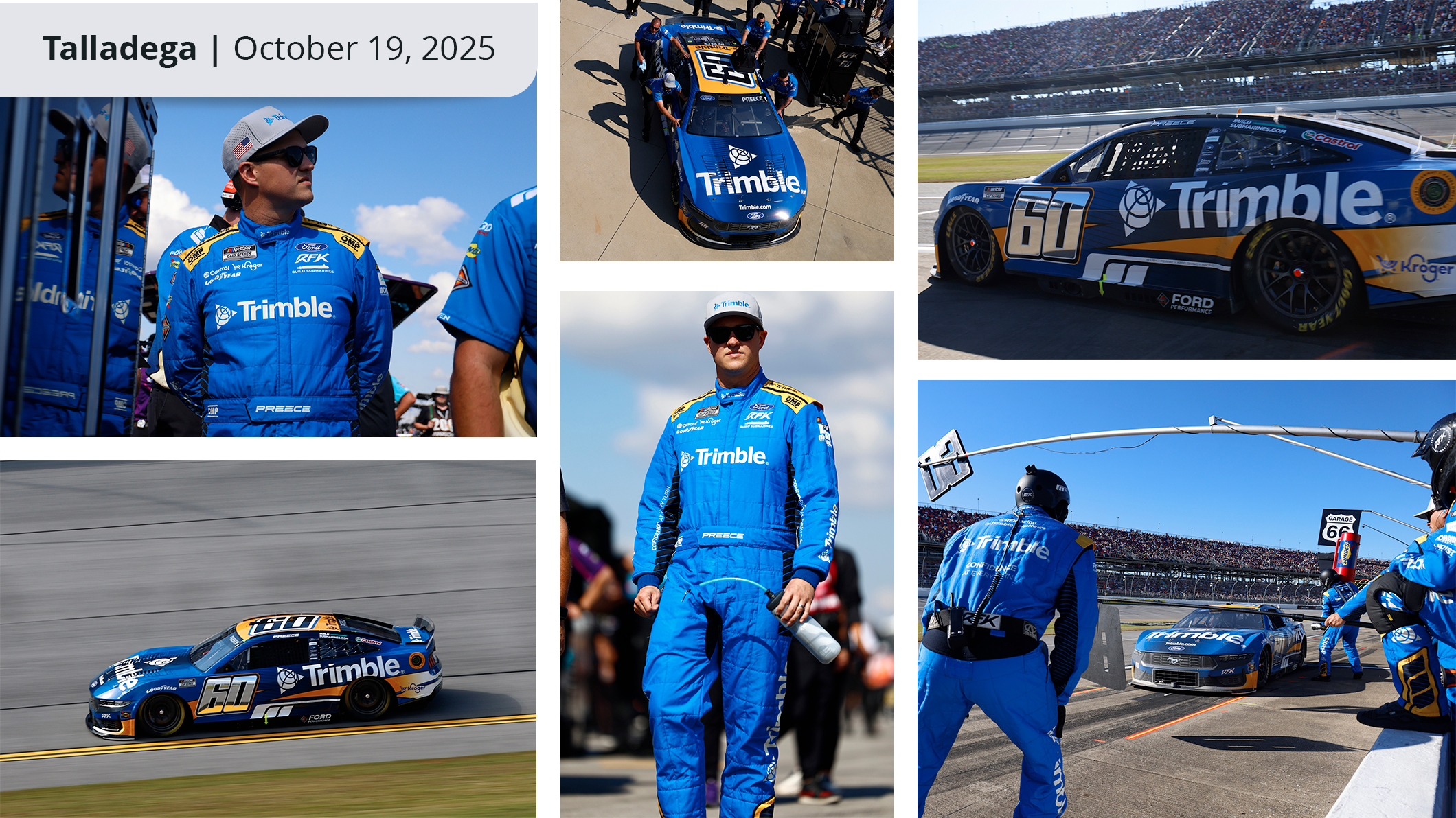 A collage from "Talladega | October 19, 2025" featuring a blue and yellow Trimble NASCAR race car on the track and in the pit, plus driver and pit crew.