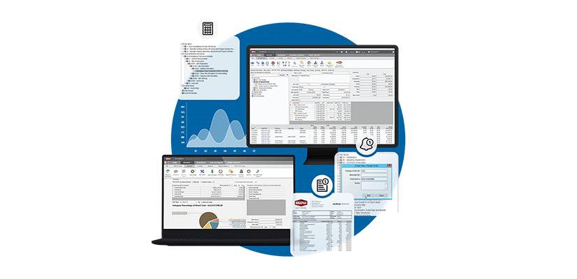 Image composite montrant les interfaces du logiciel B2W Estimate sur un moniteur et un ordinateur portable, avec des structures de ventilation des coûts, des graphiques et des rapports