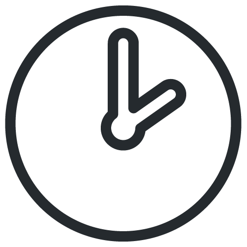 A minimalist black-and-white line art icon of a circular analog clock, with the hands indicating approximately two o'clock, representing time or scheduling.