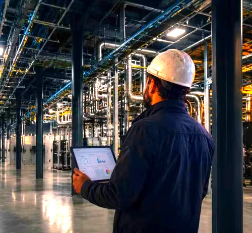 Een MEP-professional met een witte veiligheidshelm kijkt omhoog naar complexe mechanische, elektrische en loodgieterswerk (MEP) leidingen in een industriële faciliteit, terwijl hij een tablet met een datadashboard vasthoudt.