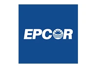 The EPCOR logo featuring white text and a sun/water icon on a blue background; the utility company is a Trimble customer using B2W Estimate.