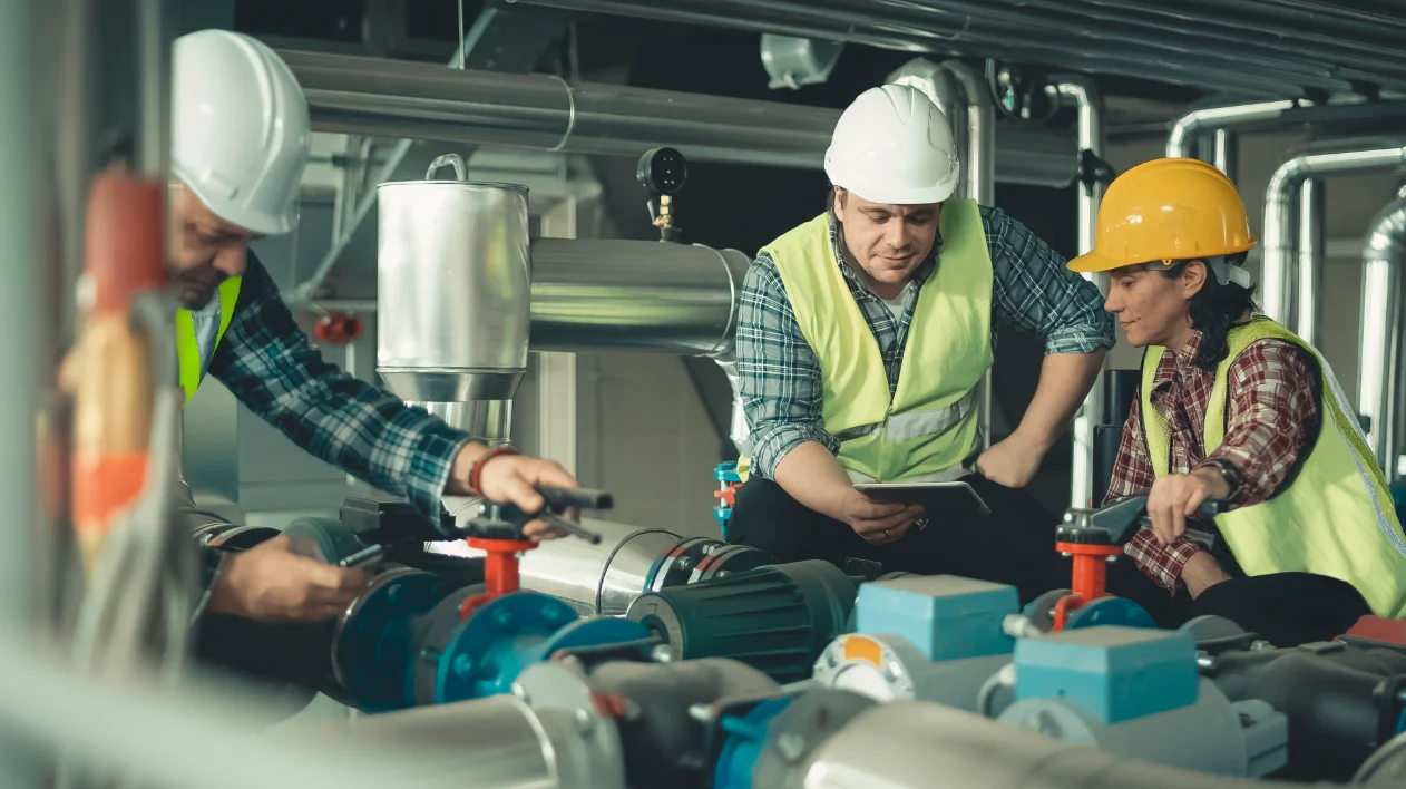 Three engineers in safety gear and hard hats inspecting industrial piping systems; one has a digital tablet for MEP data and facility management.