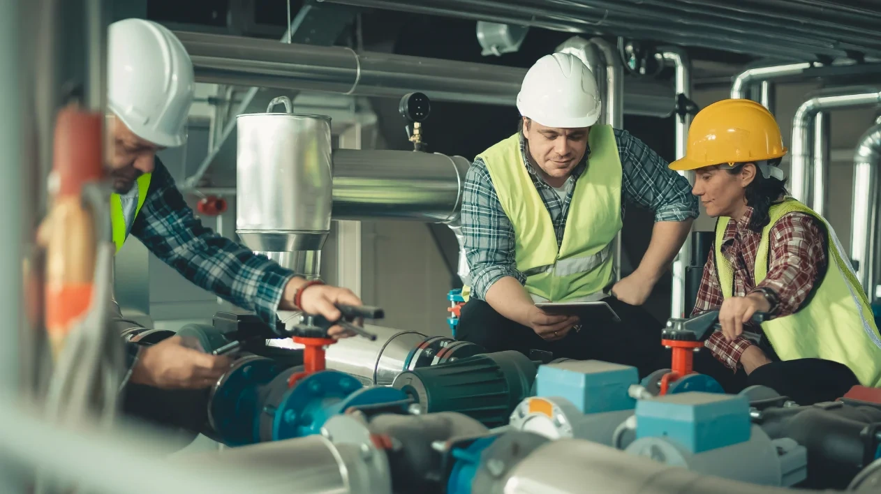 Three engineers in safety gear and hard hats inspecting industrial piping systems; one has a digital tablet for MEP data and facility management.
