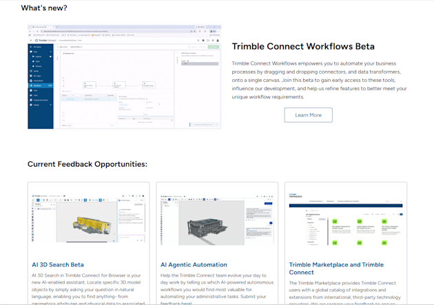 Nouveautés Trimble Connect : flux de travail bêta et diagramme de flux de l'automatisation des processus AECO. Recherche 3D par l'IA illustrée par une construction modulaire jaune. Automatisation par l'IA agentique avec le BIM. Trimble Marketplace.