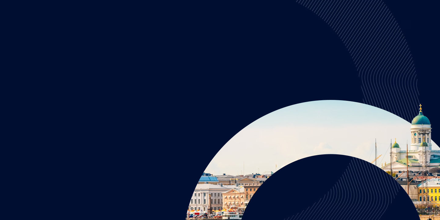 Abstract design featuring a dark blue background with a curved stripe pattern. In the bottom right corner, a peek of a sunny cityscape of Helsinki.