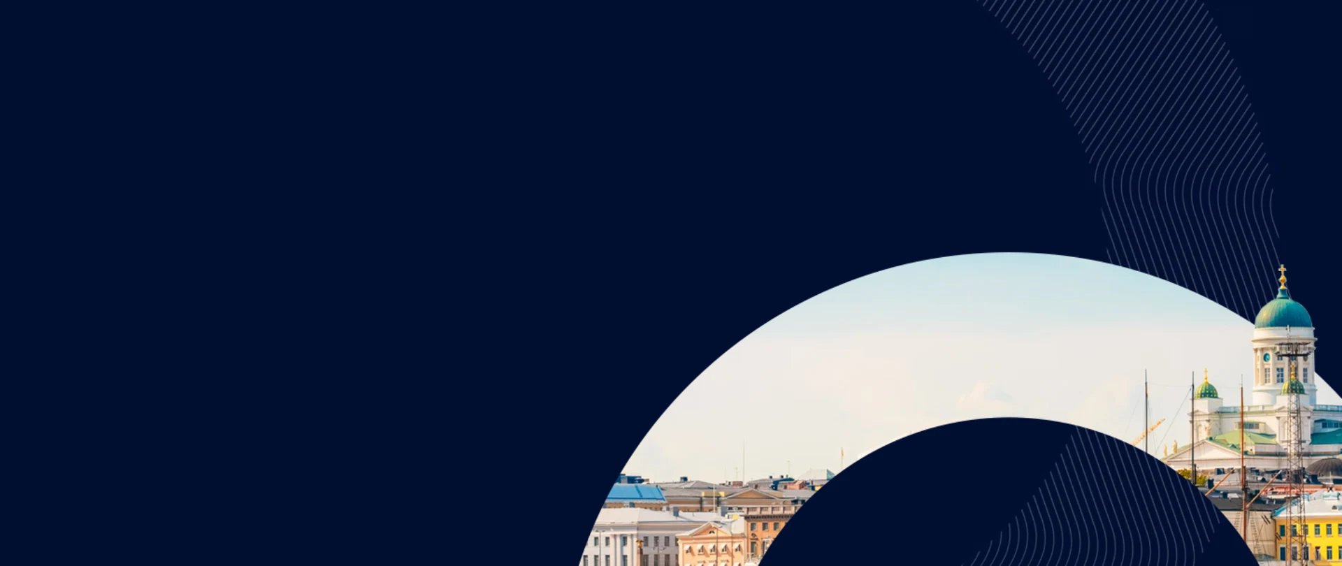 Abstract design featuring a dark blue background with a curved stripe pattern. In the bottom right corner, a peek of a sunny cityscape of Helsinki.