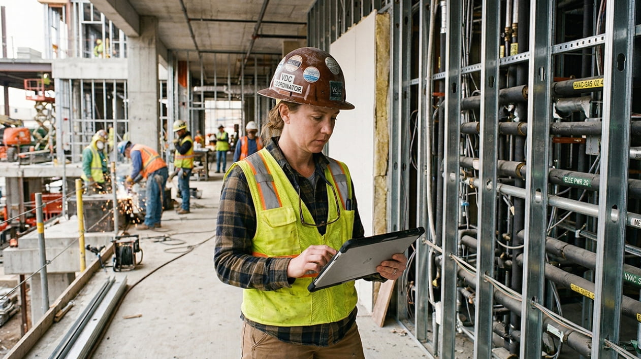 Une femme portant un casque de chantier et un gilet de sécurité sur un chantier utilise une tablette renforcée. Il y a une structure métallique derrière elle.