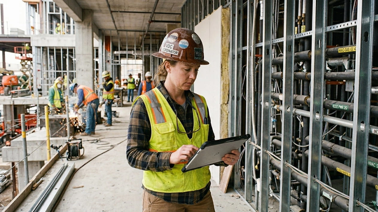 Une femme portant un casque de chantier et un gilet de sécurité sur un chantier utilise une tablette renforcée. Il y a une structure métallique derrière elle.