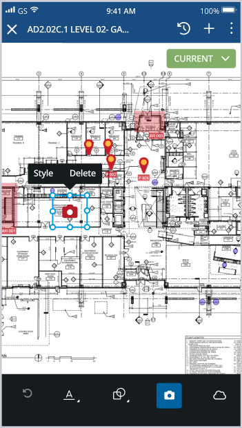 Trimble ProjectSight app interface displaying an architectural floor plan with RFI pins and a selected photo annotation for construction management.