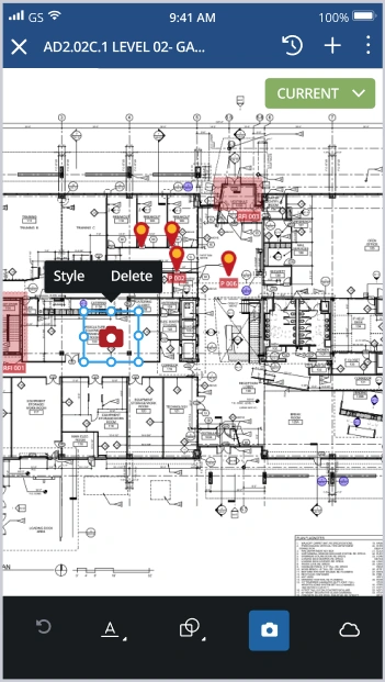 Trimble ProjectSight app interface displaying an architectural floor plan with RFI pins and a selected photo annotation for construction management.