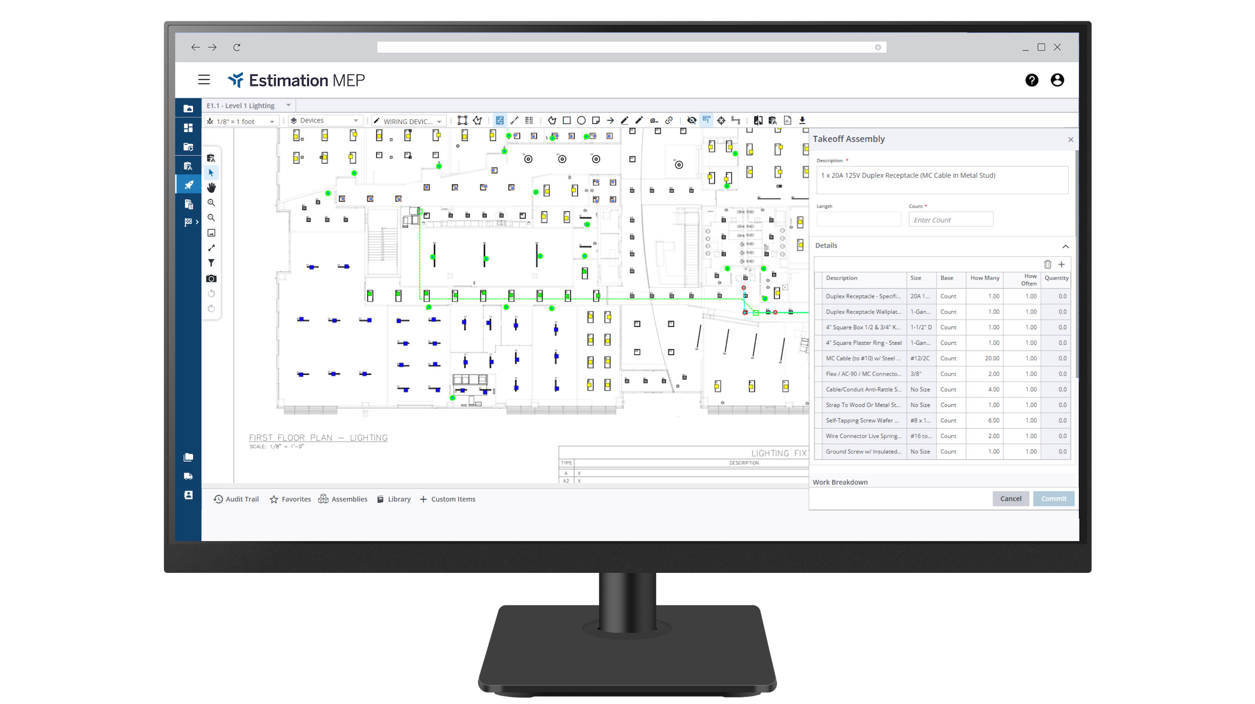 A monitor displays Trimble Estimation MEP software showing an electrical lighting floor plan and a takeoff assembly sidebar for estimating.