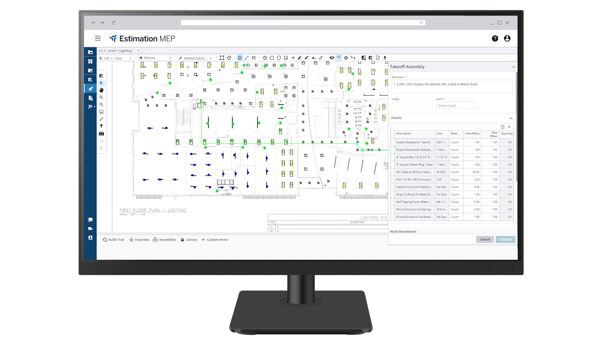 A monitor displays Trimble Estimation MEP software showing an electrical lighting floor plan and a takeoff assembly sidebar for estimating.