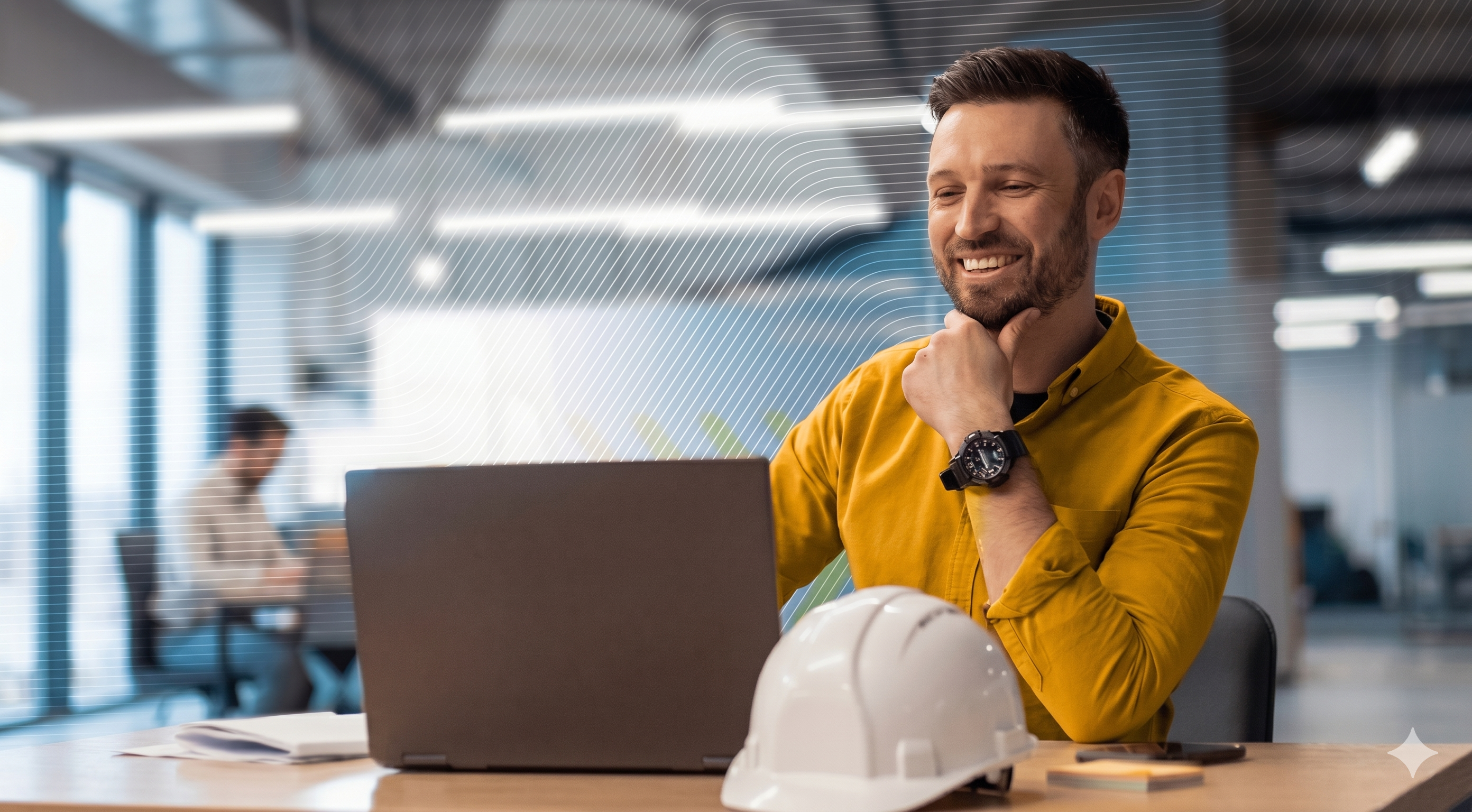 A smiling man in a yellow shirt looking at a laptop in an office, with a white construction hard hat on the desk in front of him.