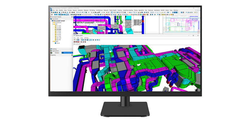 A screen displaying 3D model for a building's HVAC and electrical systems in Trimble Nova software.