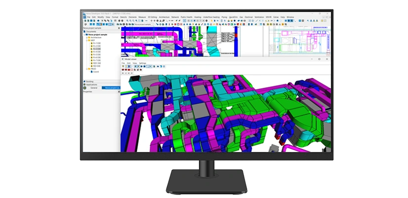 A screen displaying 3D model for a building's HVAC and electrical systems in Trimble Nova software.
