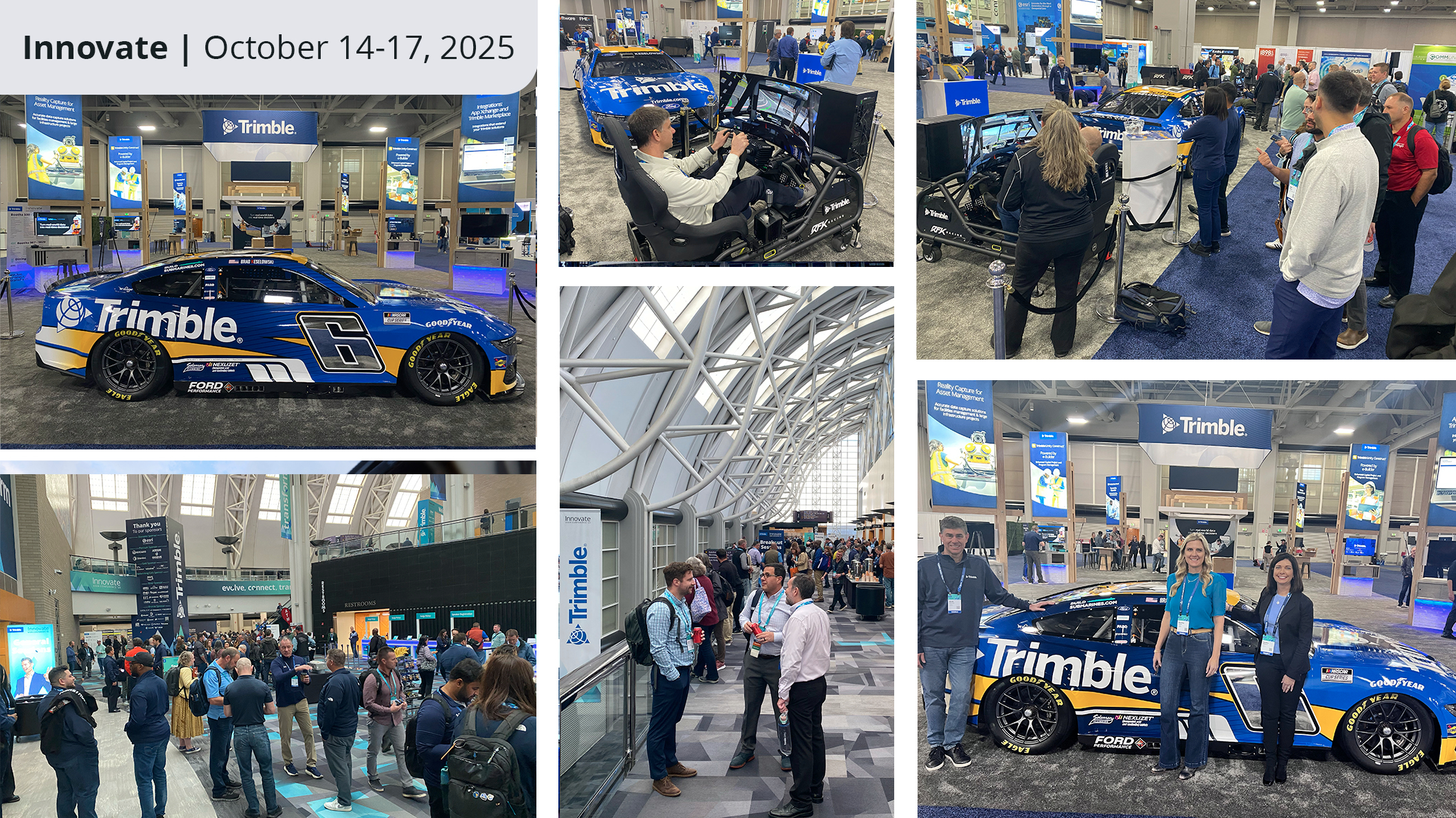 A collage of six images from the "Innovate" event. The main feature is a blue and yellow Trimble NASCAR race car, with attendees and tech demos.